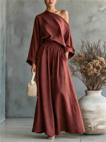Omancia 2pcs/Set Kemeja Kasual Lengan Panjang Model Batwing dengan Bahu Asimetris & Celana Panjang Lebar dengan Pinggang Elastis - Rust Brown - View 5