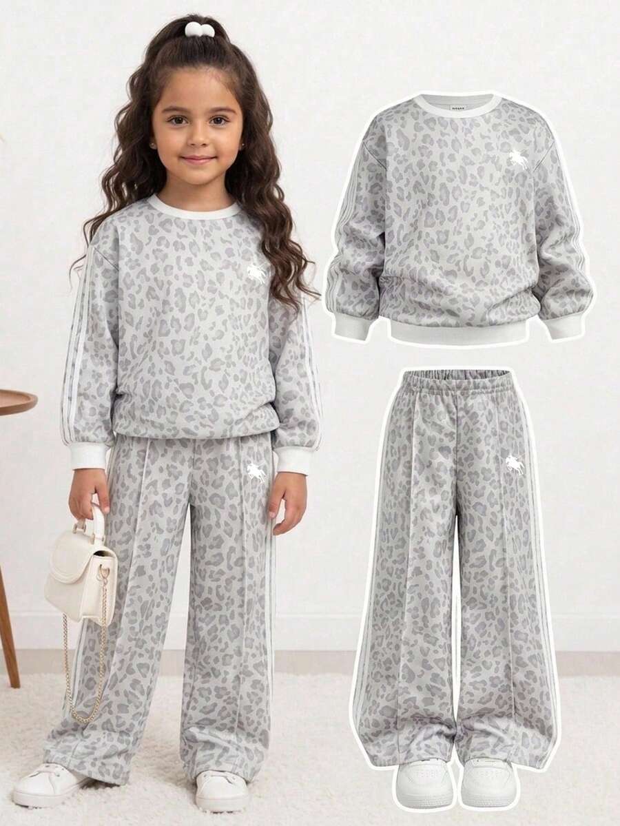 Kids Young Girl Casual Grey Leopard Print Colorblock Striped Knit Solid Color Drop Shoulder Long Sleeve Sweatshirt And Pleated Wide Leg Sweatpants Set, Tops, Back To School, Halloween, Autumn - Light Grey - View 1