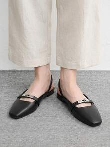 CUCCOO BIZCHIC 女款小方頭平底黑色後扣帶低鞋面slingback便鞋，輕便舒適簡約通勤鞋 - 黑色1號 - 查看 5