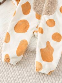 SHEIN Newborn Baby Boy Baby Girl Toddler Boy Fall And Winter Clothes Outfits, Rompers, Fleece Lined Thick Cute Giraffe Pattern Hooded Long Sleeve Jumpsuit Bodysuit, Comfortable Versatile Fashion Daily Casual Cute Minimalist Basic Style, Suitable For Indoor, Outdoor Skiing, Daily, Sports, Play, Party, Photography, Halloween - Apricot - View 5