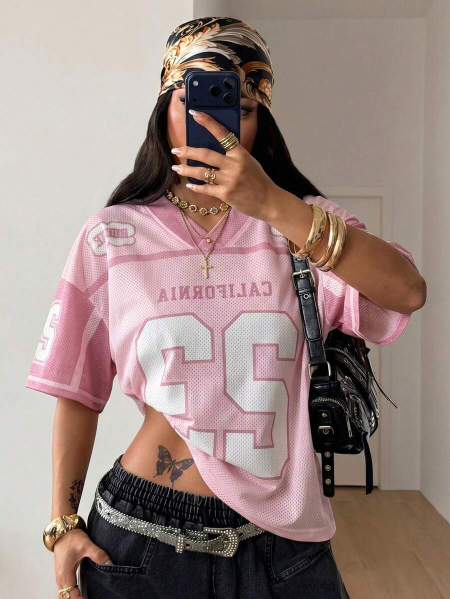 Coolane 女款春夏 Y2K 街頭風復古網眼數字圖案足球 T 恤 - 粉色 - 查看 1