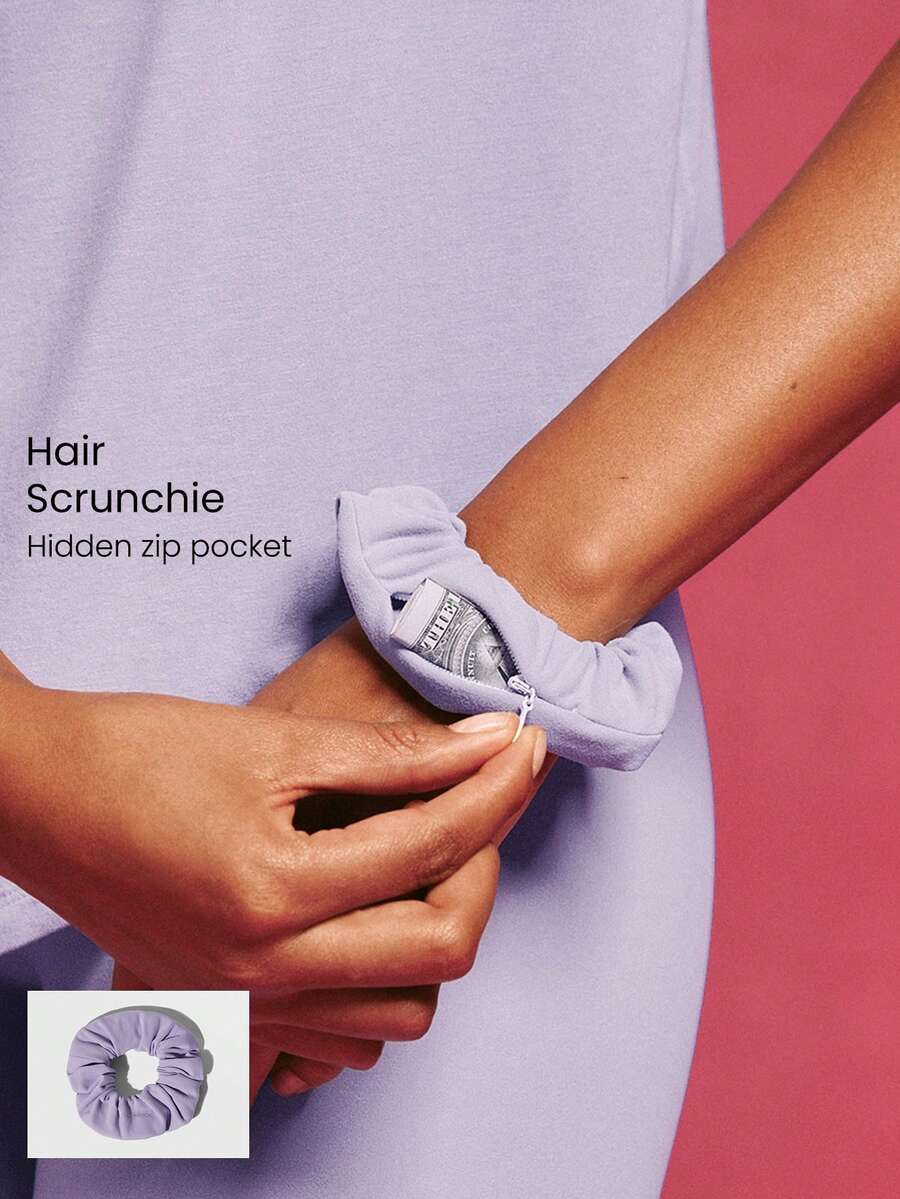 GLOWMODE FeatherFit™ SoftFlex Stretchy Hair Scrunchie With Hidden Pocket & Reflective Logo Summer Travel Gym Fitness Workout Daily Casual - Dusty Purple - View 1