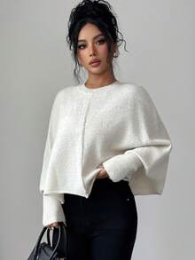 Elenzga Women's Autumn New Arrival Single Piece Round Neck Minimalist Elegant Short Knit Pullover Long Sleeve Sweater, Versatile For Daily Wear And Commuting - Apricot - View 3