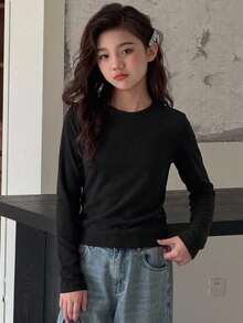 DAZY Tween Girl Round Neck Loose Casual Thermal Lined Long Sleeve Basic Pullover Inner Layer Top Autumn/Winter T-Shirt - Black - View 5