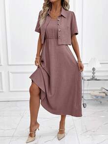 SHEIN Clasi Women's New Elegant Denim Effect Shirt & Camisole Dress 2-Piece Set, Suitable For Commuting And Multiple Occasions - Dusty Purple - View 3