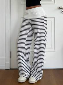 Aloruh Women's Striped Patchwork Casual Versatile Daily Travel Long Pants - Black and White - View 3