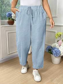 EMERY ROSE Plus Size Women's Cotton Solid Color Waist Tie Pocket Casual Tapered Pants Fall - Baby Blue - View 3