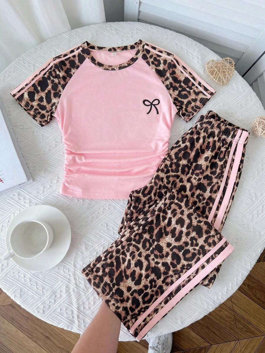 SHEIN Tween Girl Bow Print Leopard Short Sleeve T-Shirt And Long Pants Casual Daily Set - Multicolor - View 1