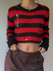 SHEIN EZwear Striped Vintage Style Bell Sleeve Sweater In Fall/Winter - Multicolor - View 1