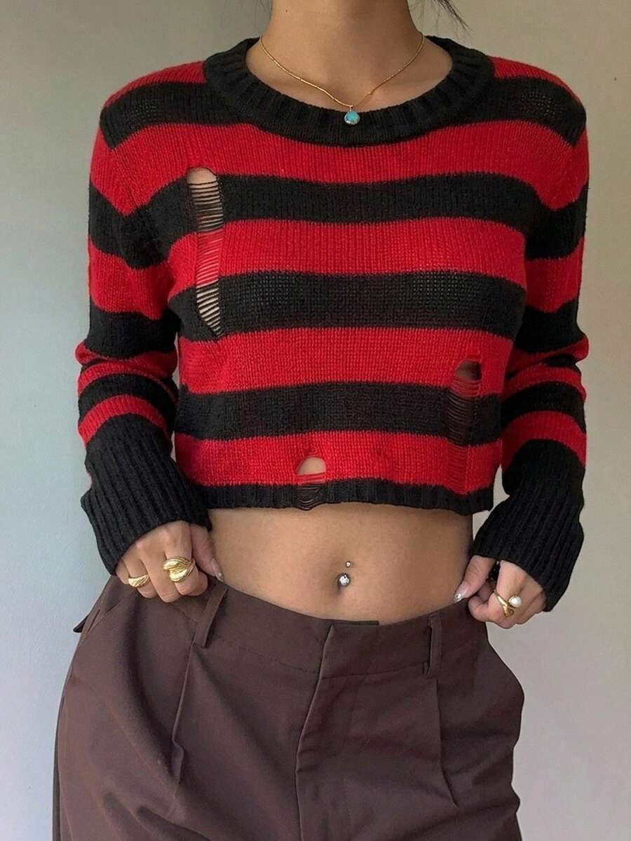 SHEIN EZwear Striped Vintage Style Bell Sleeve Sweater In Fall/Winter - Multicolor - View 1