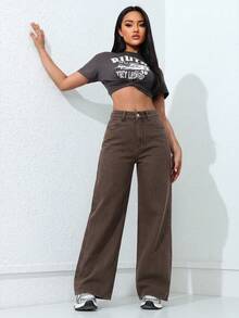 SHEIN ICON 休閒水洗直筒牛仔褲 - 棕色 - 查看 3
