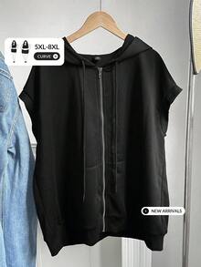 SHEIN CURVE+ 大尺碼休閒秋季拉鍊抽繩連帽衛衣，2026冬季 22W - 黑色 - 查看 1