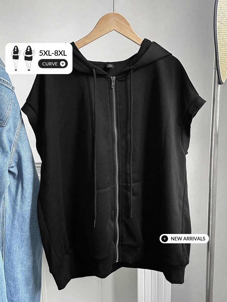 SHEIN CURVE+ 大尺碼休閒秋季拉鍊抽繩連帽衛衣，2026冬季 22W - 黑色 - 查看 1