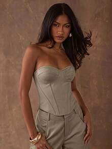 SHEIN BAE 女款性感街頭風魚骨修身抹胸上衣 - 卡其色 - 查看 4