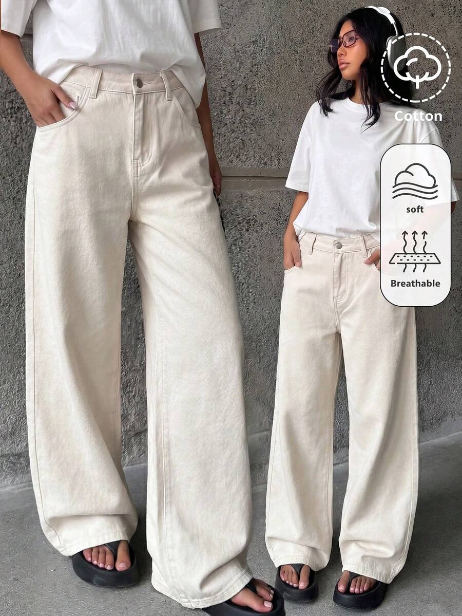 SHEIN 青少年女孩杏色簡約斜口袋牛仔寬鬆寬腿褲 - 杏色 - 查看 1