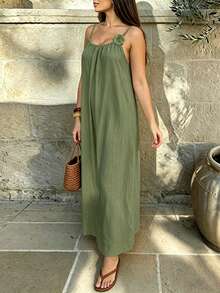 Cévolie Textured Fabric Loose Casual Spaghetti Strap 3D Floral Decor Plus Size Women's Dress - Green - View 5
