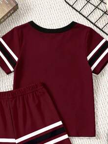 Outfit Casual Minimalist Elegant Horse Logo Contrast Color Striped Print Crew Neck T-Shirt With Matching Contrast Color Striped Print Shorts Suitable - Multicolor - View 5