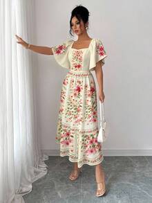 Modelyn 女款短袖中長洋裝，女款短袖數位印花收腰洋裝，露肩荷葉邊下擺優雅美麗，迷人女士，時尚，優雅Y2K聚酯纖維材質，適合外出、度假、派對、聚會。女款夏季洋裝，女款約會、派對、度假穿搭洋裝。女款洋裝，植物花卉元素印花洋裝，海灘度假洋裝 - 米色 - 查看 6