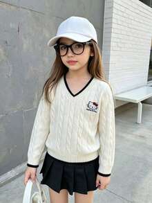 HELLO KITTY AND FRIENDS | SHEIN GraphicGems 女童 V 領刺繡上衣設計黑白針織毛衣，舒適柔軟運動風百搭甜美可愛休閒簡約日常款，適合秋冬旅行出遊派對戶外玩耍野餐 - 杏色 - 查看 3