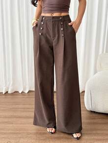 SHEIN PETITE Women's Elegant Button Pocket Pleated Loose Business Suit Pants - Rust Brown - View 3