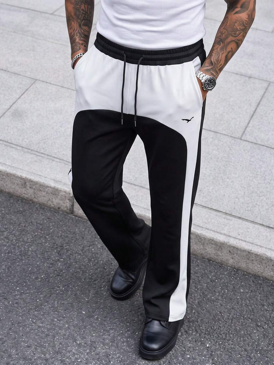Manfinity CasualCool Men's Colorblock Drawstring Waist Pocket Casual Sweatpants - Black and White - View 1