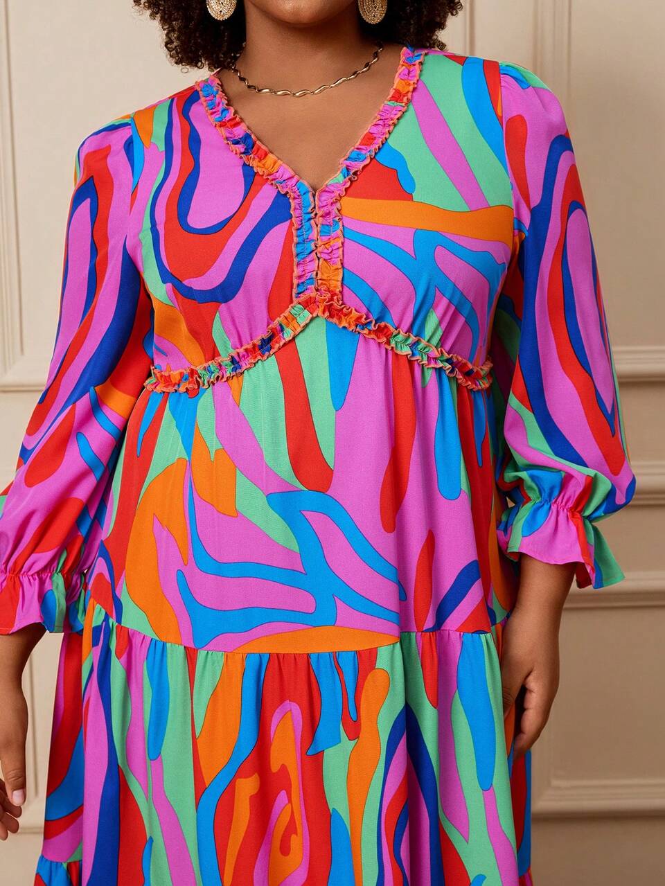 Plus Size Women's Autumn/Winter Casual Vacation Country All Printed Long Ruffle Dress ,Going Out,Fall, Party Dress, Festival,Flowy Dress,Concert