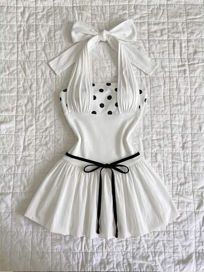Elamini Summer Sexy Hot Girl Style Polka Dot Patchwork Halter Neck Cinched Waist Tulip Mini Dress