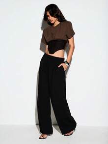KIZN Cropped Corset T-Shirt With Lace-Up Back, Short Sleeve, Round Neck, Mesh Waist Panel, Top - Brown - View 3