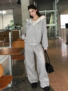 DAZY Women's All-Over Floral Print Long Sleeve Sweatshirt And Loose Long Pants, Casual Street Style Korean Two Pieces Set Fall - Grey - View 7
