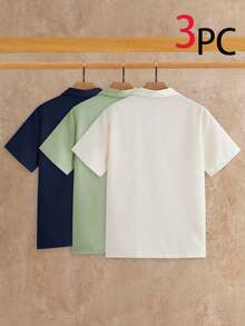 HIMLAND 男士 Polo 衫 3 件組短袖 Johnny Collar T-shirt，無鈕扣 V 領 Polo 衫，純色休閒上衣，夏季透氣 T-shirt - 彩色 - 查看 2
