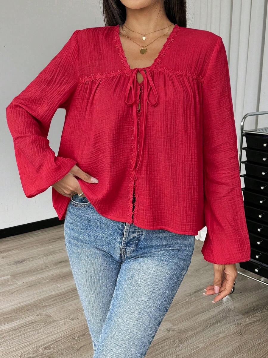SHEIN 女款秋季休閒純色前綁帶襯衫 - 紅色 - 查看 1