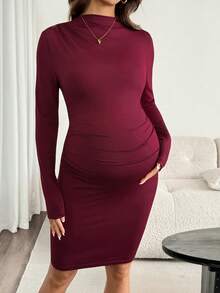 SHEIN Maternity Solid Color Long Sleeve Ruched Fitted Elegant Dress Fall Fall/Winter Casual - Burgundy - View 6