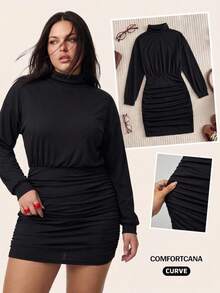 Comfortcana Plus Size High Elasticity Black Retro Minimalist Autumn/Winter Bodycon Mock Neck Knit Dress Fall - Black - View 6