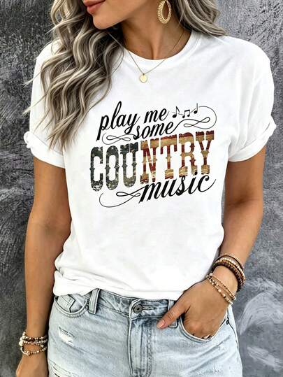 INAWLY Women's Country Music Festival Printed Shirt, Letter Printed Casual Crew Neck Short Sleeve T-Shirt Play Me Some COUNTRY Music Graphic Tees Women Tops