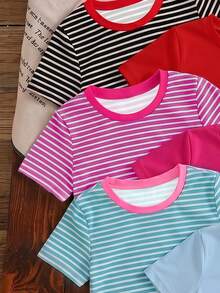 7 piezas de camisetas casuales de tacto suave para niñas jóvenes, diseño sólido/rayado, adecuadas para verano, regreso a la escuela, primavera, otoño, invierno, diseño sólido+rayado con cuello en contraste, estilo americano, se envían 2 piezas al azar - Multicolor - Ver 4