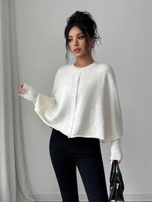 Elenzga Women's Autumn New Arrival Single Piece Round Neck Minimalist Elegant Short Knit Pullover Long Sleeve Sweater, Versatile For Daily Wear And Commuting - Apricot - View 5