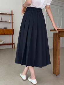 DAZY Teen Girl Casual Versatile Solid Color Pleated Skirt Fall - Navy Blue - View 2