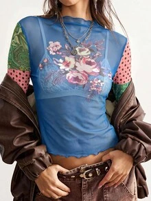 Bohemela 女款春夏秋性感度假風花卉拼接印花透視網紗上衣 - 寶藍色 - 查看 7