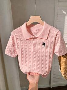 Comfortcana 女款騎士刺繡鈕扣半開襟短袖針織上衣 - 粉色 - 查看 1