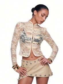 SHEIN ICON Women's French Sexy Lace Sheer Double-Breasted Long Sleeve Jacket - Beige - View 5