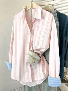 INAWLY Kemeja Lengan Panjang Wanita Kasual Motif Garis-garis dengan Saku, Cocok untuk Kerja, Perjalanan, Liburan, Musim Semi/Gugur - Aprikot - View 1