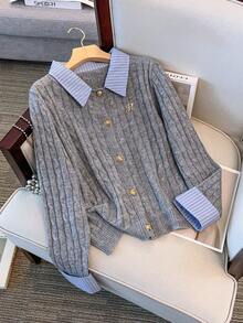 SHEIN Clasi Plus Size Sweater Blouse Collar Turn-Up Cuff Button Front Cardigan Knit Splicing 2 In 1 Set Fall Winter Cloth For Women Autumn - Grey - View 6