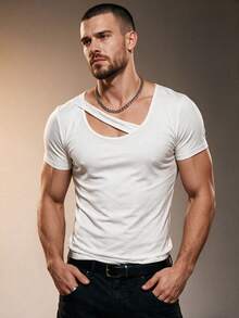 ZURIURI Men's Asymmetrical Slim Fit Design T-Shirt - White - View 5