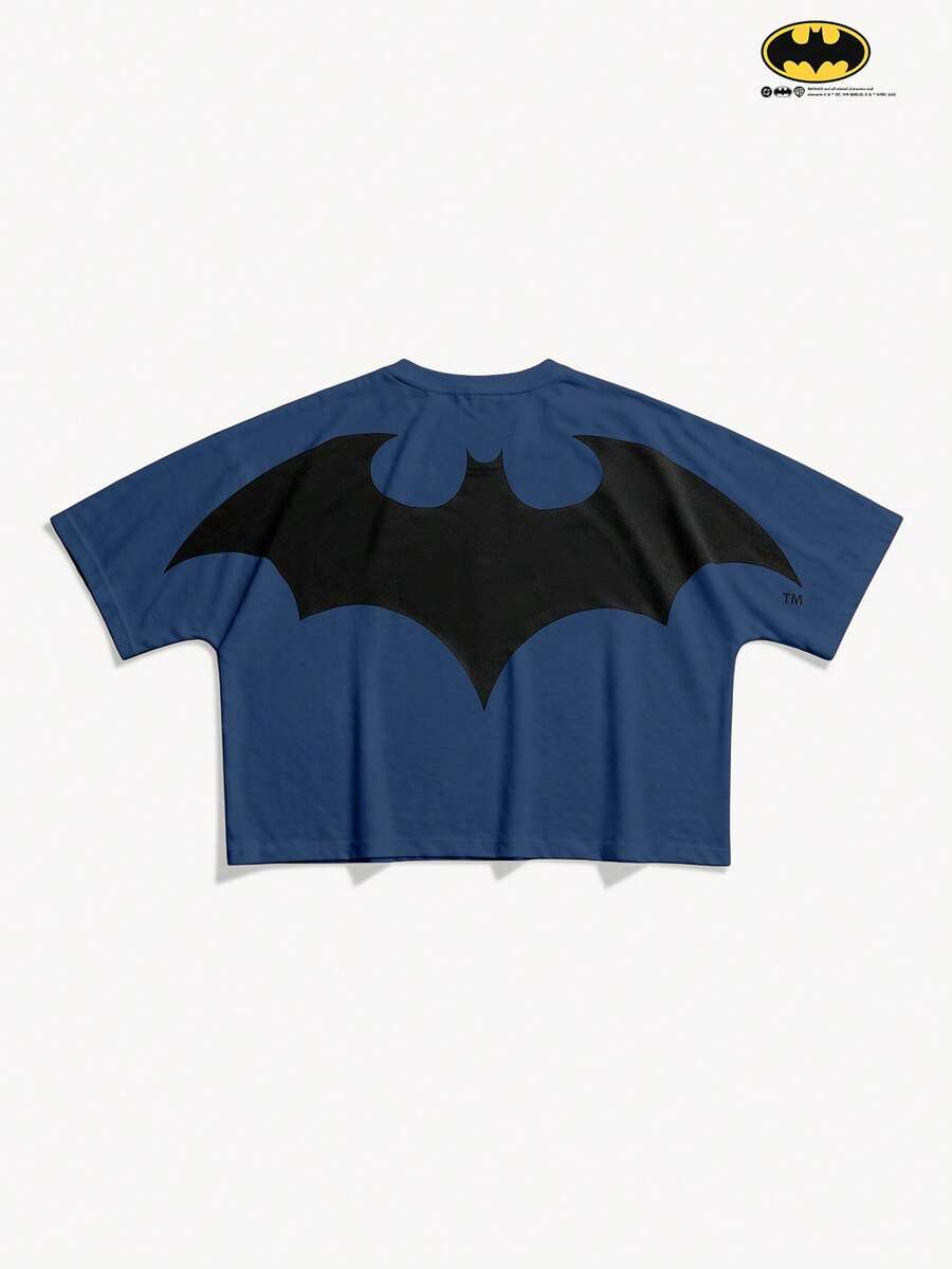BATMAN X SHEIN STYNVO 男士蝙蝠圖案休閒日常短袖T恤 - 藍色 - 查看 1