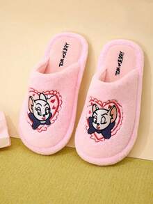TOM & JERRY X Joivida 1雙粉色毛絨拖鞋，手工刺繡平底防滑室內鞋，適合女性，適合學生宿舍、冬季、辦公室地毯、居家使用，生日或週年紀念的甜蜜禮物 - 粉色 - 查看 1