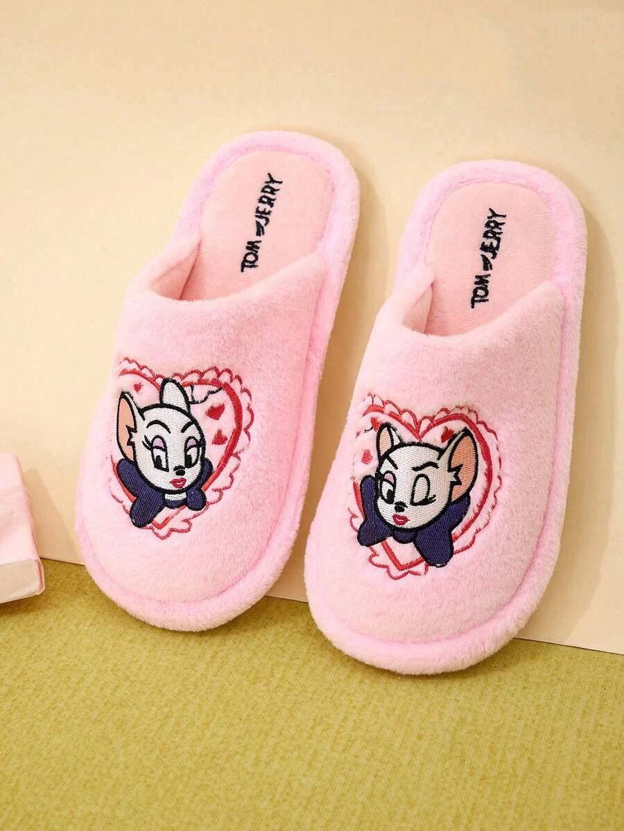 TOM & JERRY X Joivida 1雙粉色毛絨拖鞋,手工刺繡平底防滑室內鞋,適合女性,適合學生宿舍、冬季、辦公室地毯、居家使用,生日或週年紀念的甜蜜禮物 - 粉色 - 查看 1