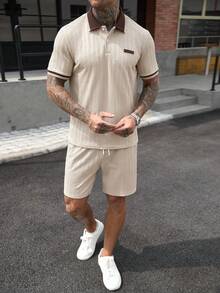 Manfinity CasualCool 男士條紋短袖 Polo 衫與短褲休閒套裝 - 卡其色 - 查看 4