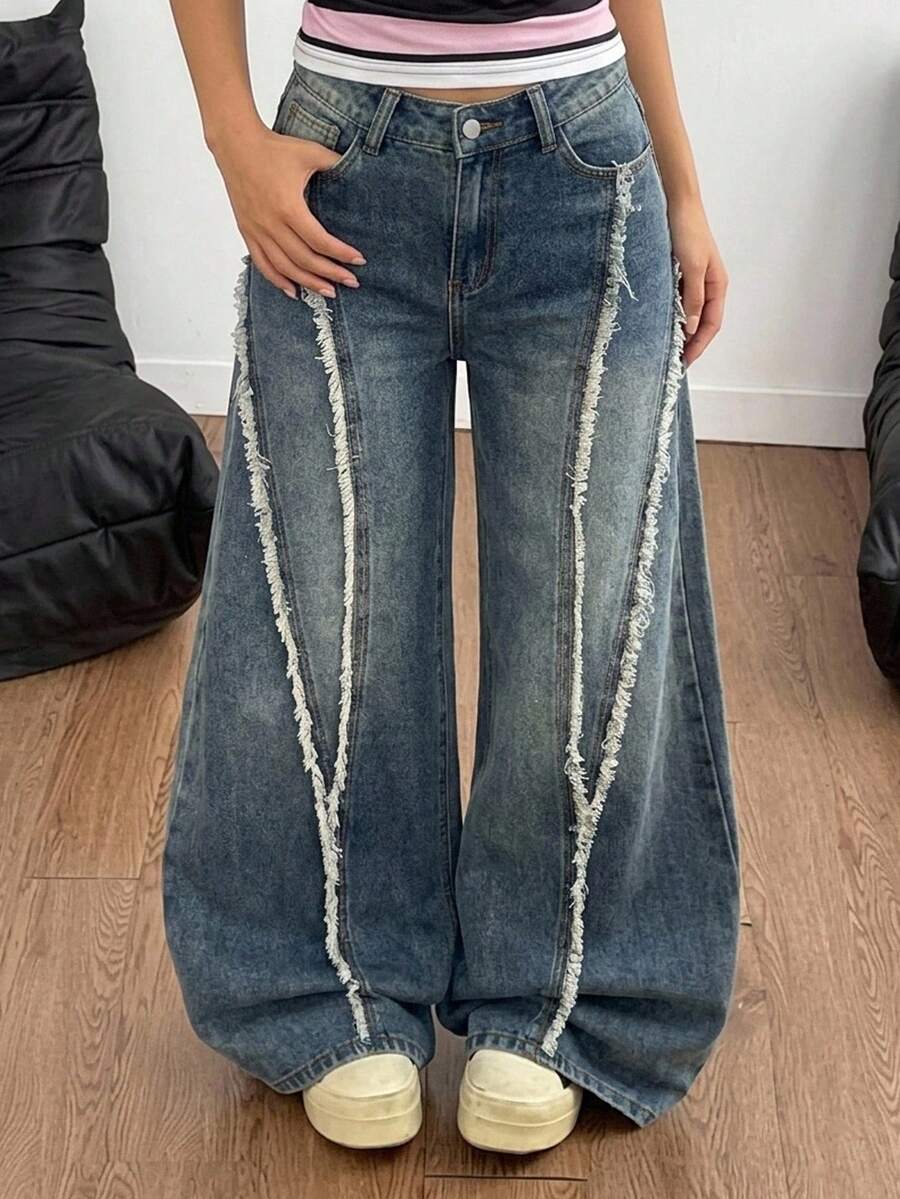 SHEIN Teen Girl Basic Simple And Comfortable Fringed Design Nostalgic Loose Fit Jeans Black To School - Blue - View 1