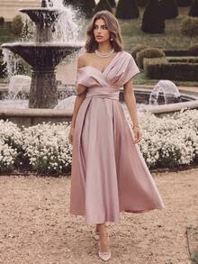 Savoree Women's Solid Color Asymmetric Neckline Ruched Elegant Dress - Pink - View 4