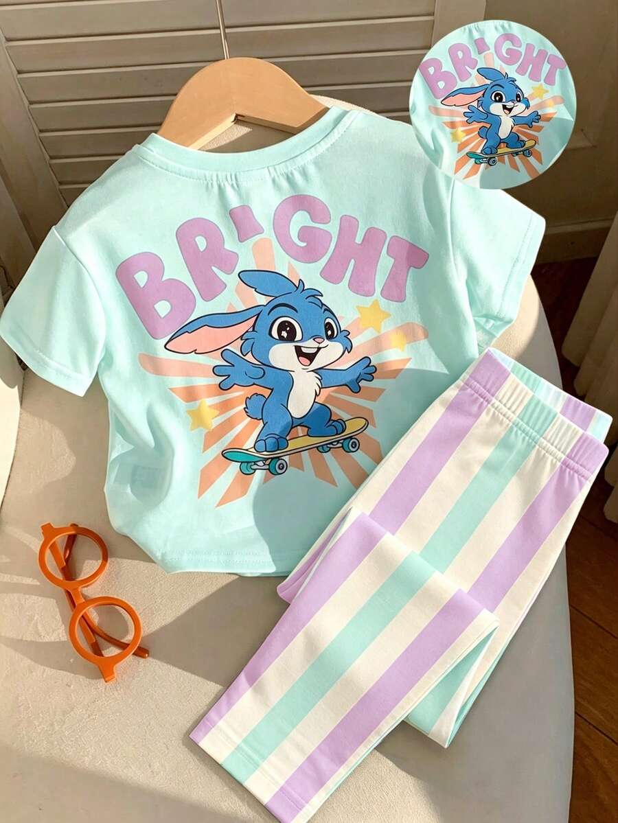 Baby Girl Casual Minimalist Cute Cartoon Blue Rabbit Lulu, Stitch Pattern, Striped, Round Neck Loose Short Sleeve T-Shirt And Leggings Set, Suitable For Spring/Summer, Kawaii, Graphic, Cozy, Vacation Style, Dopamine Color, Looks Of Party - White - View 1